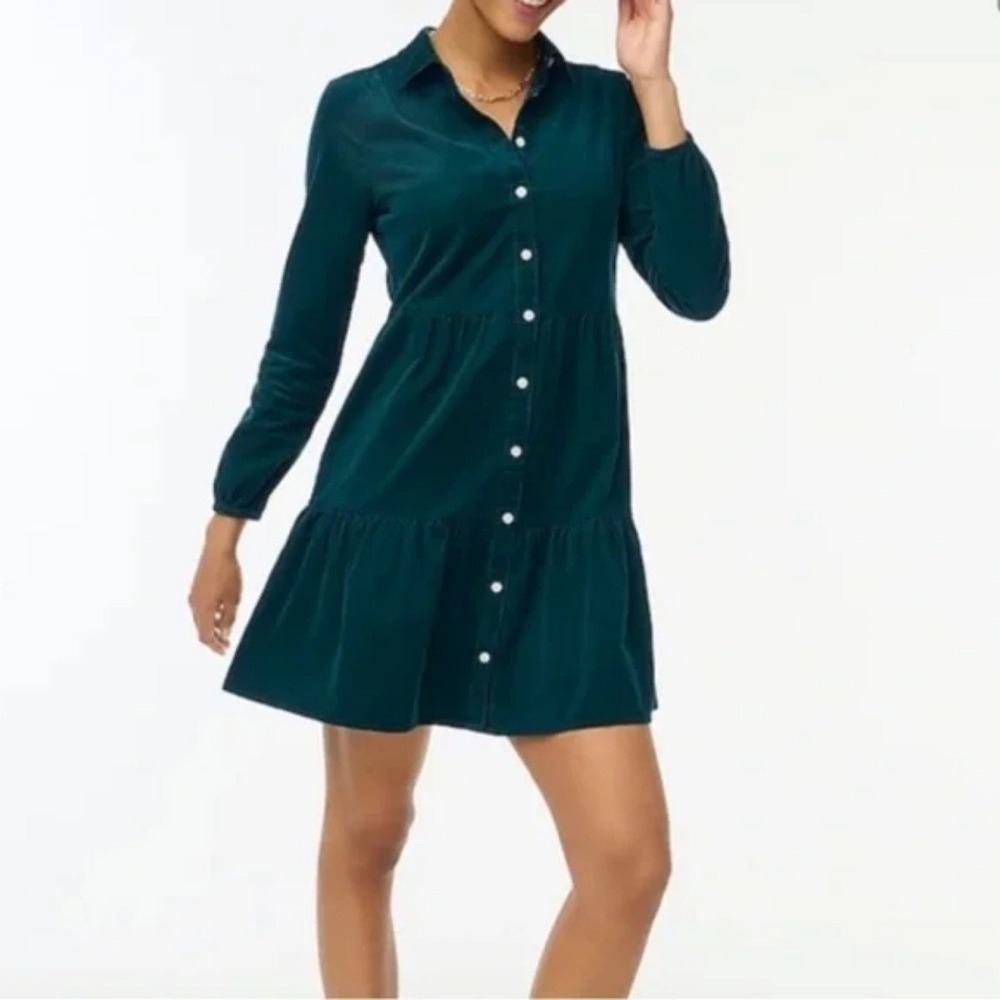 J Crew Factory Womens Corduroy Collared Mini Shirt Dress Size 2 Green‎ Tiered